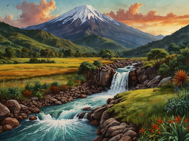 Auf dem Bild ist eine beeindruckende natürliche Landschaft zu sehen, die von einem majestätischen schneebedeckten Berg dominiert wird. Dazu gibt es einen malerischen Fluss mit Wasserfällen, der durch eine grüne, üppige Umgebung fließt.Touristische Aktivitäten, die in einem solchen Landschaftsbild stattfinden könnten, sind:- **Wanderungen** in den Bergen, um die spektakuläre Aussicht zu genießen.- **Fotografie**, um die atemberaubende Natur festzuhalten.- **Picknicks** am Flussufer, um die friedliche Umgebung zu genießen.- **Vogelbeobachtung** im angrenzenden Grünland.- **Erkundungstouren** zu Wasserfällen und anderen geografischen Highlights.Diese Art von Landschaft zieht sicherlich Natur- und Abenteuerliebhaber an!