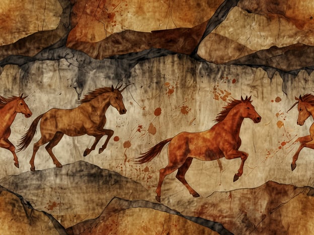 Auf dem Bild sind stilisierte Darstellungen von Pferden zu sehen, die in einer dynamischen Bewegung dargestellt sind. Diese Art von Kunstwerk erinnert stark an Höhlenmalereien, die als bedeutendes kulturelles Erbe der prähistorischen Menschheit gelten. Höhlenmalereien sind nicht nur künstlerische Ausdrucksformen, sondern auch wichtige historische Dokumente, die uns Einblicke in das Leben, die Umgebung und die Spiritualität der Menschen jener Zeit geben. Die Verwendung von natürlichen Farben und die Darstellung von Tieren spiegeln die enge Beziehung der frühen Menschen zur Natur wider.