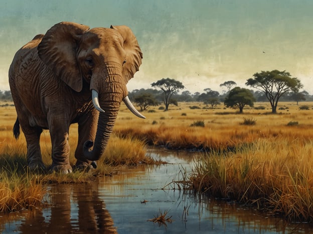 Auf dem Bild ist ein Elefant zu sehen, der in einer beeindruckenden Savanne steht, die an die Weiten der Llanos erinnert. Umgeben von hohem, trockenem Gras und vereinzelten Bäumen, nähert sich der Elefant einem ruhigen Wasserlauf. Die Landschaft strahlt eine friedliche und majestätische Atmosphäre aus, die typisch für solche Savannenregionen ist.