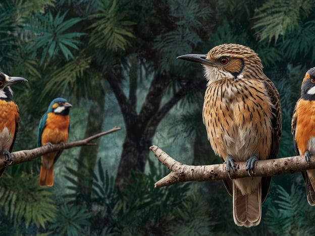 Auf dem Bild sind verschiedene Vögel zu sehen, die eine Vielzahl der Tierwelt in den Llanos repräsentieren. Die Llanos, weite Savannenflächen in Kolumbien und Venezuela, sind bekannt für ihre reichhaltige Flora und Fauna. Die abgebildeten Vögel könnten verschiedene Arten von Reihern, Kingfishers oder anderen bunten Vogelarten sein, die in dieser Region heimisch sind. Diese Vögel sind häufige Bewohner der tropischen Umgebungen und tragen zur Biodiversität der Llanos bei.