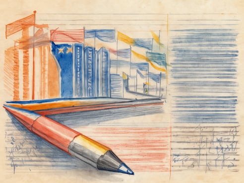 Auf dem Bild sind mehrere farbige Flaggen in einer Reihe angeordnet, die im Hintergrund skizziert sind. Im Vordergrund liegt ein großes, rot-blaues Schreibgerät, das durch eine perspektivische Darstellung hervorgehoben wird. Die linke Bildhälfte zeigt eine Kombination aus rot, blau und orangefarbenen Tönen, während die rechte Seite in blauen und gelben Vertikalstreifen gestaltet ist. Der untere Bildbereich ist mit Skizzen und Handgeschriebenem versehen.