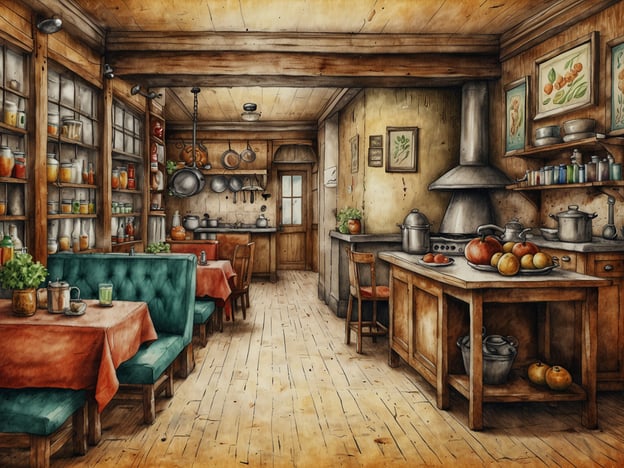 Auf dem Bild sieht man eine gemütliche, rustikal eingerichtete Küche, die Tradition und Geschmack perfekt vereint. Holzböden und -wände strahlen Wärme und Geborgenheit aus, während die Regale mit Marmeladen und Konserven gefüllt sind – ein Zeichen für hausgemachte Köstlichkeiten.Die Tische sind liebevoll gedeckt, bereit für eine kulinarische Entdeckungsreise, bei der die Aromen der Region zelebriert werden. Im Vordergrund stehen frische Zutaten wie Äpfel und Tomaten, die auf die Wichtigkeit von saisonalen und lokalen Produkten hinweisen. Diese Küche ist ein Ort, an dem Traditionen lebendig gehalten werden und jeder Bissen eine Geschichte erzählt.