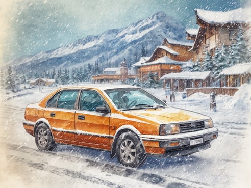 Auf dem Bild ist ein orangefarbener Mietwagen zu sehen, der in einer verschneiten Winterlandschaft geparkt ist. Im Hintergrund sind schneebedeckte Berge und holzverkleidete Chalets zu erkennen, die in einem winterlichen Dorf angesiedelt sind. Der Schnee fällt sanft, und die Atmosphäre vermittelt einen ruhigen, winterlichen Aufenthalt in den Bergen.