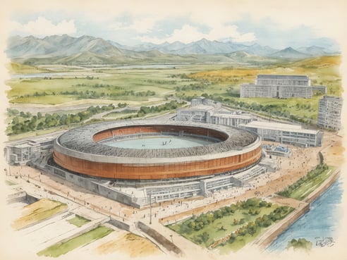 Eine farbenfrohe Wasserfarbenillustration zeigt ein modernes Stadion in Nordkorea, umgeben von grünen Wiesen und sanften Hügeln. Im Vordergrund ist das Stadion zu sehen, das eine ovale Form hat und mit einem eleganten, orangefarbenen Streifen verziert ist. Rund um das Stadion sowie in der Umgebung befinden sich mehrere Gebäude und Menschen, die sich auf den Wegen bewegen. Im Hintergrund sind majestätische Berge sichtbar, und ein sanfter Fluss fließt rechts am Bildrand entlang, der die natürliche Schönheit der Landschaft unterstreicht.