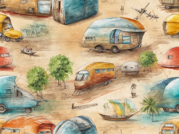 Auf dem Bild sind verschiedene Wohnmobile und Transportmittel abgebildet, die in einer farbenfrohen, skizzenhaften Landschaft angeordnet sind. Die Wohnmobile haben unterschiedliche Formen und Farben, darunter orange, blau und rot. Im Hintergrund sind Bäume und eine kleine Wasserfläche mit einem Boot zu sehen. Zudem fliegen Flugzeuge am Himmel, was auf das Thema Reisen hinweist. Die gesamte Szene vermittelt eine entspannte Reisestimmung und die Freiheit, unterwegs zu sein.
