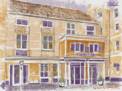 Das Bild zeigt eine künstlerische Darstellung der Fassade eines Premier Inn Hotels. Die Architektur ist im modernen Stil gehalten, mit großen Fenstern und einer markanten Fassade in sanften Farben. Über dem Eingang ist der Schriftzug „Premier Inn“ deutlich sichtbar. Die Fenster sind mit weißen Rahmen versehen und einige Pflanzen in Töpfen stehen vor dem Gebäude. Der Himmel ist in sanften lila Tönen gehalten, was dem Bild eine freundliche, einladende Atmosphäre verleiht.