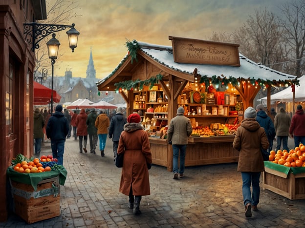 Auf dem Bild ist ein weihnachtlicher Markt zu sehen, der in einer Stadt mit historischem Flair stattfindet. Die Stände sind festlich dekoriert, und es gibt eine Auswahl an frischen Früchten sowie verschiedenen Leckereien, die typisch für Weihnachtsmärkte sind.In der Hauptstadt gibt es eine große Vielfalt an Weihnachtsmärkten, die jeweils ihre eigenen besonderen Angebote haben. Einige Märkte sind bekannt für handgemachte Geschenke, während andere eine breite Palette an kulinarischen Köstlichkeiten bieten, wie Glühwein, Lebkuchen und traditionelle Speisen. Die stimmungsvolle Atmosphäre, die festliche Beleuchtung und die Möglichkeit, lokale Handwerkskunst zu entdecken, machen die Weihnachtsmärkte zu einem beliebten Ziel in der Vorweihnachtszeit.