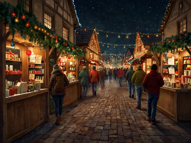 Auf dem Bild ist ein festlich dekorierter Weihnachtsmarkt bei Nacht zu sehen, mit beleuchteten Ständen, die verschiedene Waren anbieten. Besucher schlendern gemütlich über die gepflasterte Straße, während Lichter und Weihnachtsdekoration eine winterliche Stimmung erzeugen.Die Öffnungszeiten von Weihnachtsmärkten variieren je nach Ort, aber in der Regel sind sie täglich von 10:00 bis 21:00 Uhr geöffnet. Einige Märkte haben spezielle Öffnungszeiten an den Adventswochenenden oder bleiben länger geöffnet. Der Eintritt zu den meisten Weihnachtsmärkten ist oft frei, jedoch können für bestimmte Attraktionen oder Angebote Kosten anfallen.