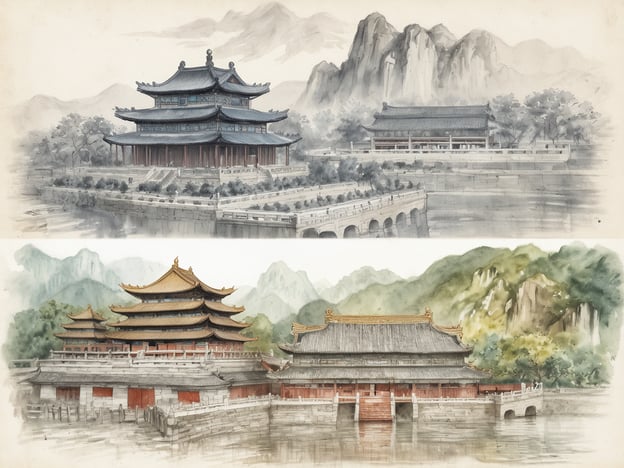 Auf dem Bild sind zwei Aquarelldarstellungen traditioneller chinesischer Architektur zu sehen. Im oberen Teil befindet sich ein weitläufiges Gebäude mit einem geschwungenen Dach, umgeben von Bäumen und Bergen, das an einem Wasserlauf liegt. Im unteren Teil ist ein weiteres prachtvolles Bauwerk abgebildet, ebenfalls mit einem charakteristischen Dach und integriert in eine panoramische Landschaft von Bergen und Natur. Beide Gebäude reflektieren die historische und kulturelle Schönheit Chinas.