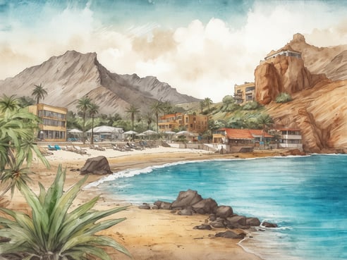 Ein malerischer Strandabschnitt mit feinem, goldenem Sand und klarem, blauem Wasser. Im Hintergrund sind große, zerklüftete Berge in sanften Erdtönen zu sehen. Umgeben von Palmen stehen mehrere Gebäude, darunter ein modernes Hotel und kleinere Häuser mit terrakottafarbenen Dächern. Sonnenschirme und Liegen sind am Strand platziert, während einige Felsen die Küste säumen. Der Himmel ist hell und bewölkt, was eine entspannte Urlaubsatmosphäre vermittelt.