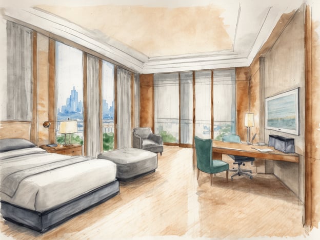 Ein modernes Hotelzimmer im Hilton-Stil mit einem großen Fenster, das einen Blick auf eine Stadtlandschaft bietet. Das Zimmer ist hell erleuchtet und mit Holz- und Beigetönen gestaltet. In der Mitte befindet sich ein großes Bett mit weißen Bettlaken. Neben dem Bett steht eine Tischlampe. Ein gemütlicher Sessel und ein Pouf sind im Raum platziert, sowie ein Schreibtisch mit einem grünen Stuhl und einem Fernseher an der Wand. Große Vorhänge rahmen das Fenster und sorgen für eine entspannende Atmosphäre.