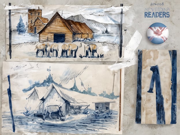 Das Bild zeigt mehrere Aquarellzeichnungen, die ländliche Szenen darstellen. Oben ist eine Darstellung eines Bauernhofs mit mehreren Pferden und einem Holzgebäude, umgeben von Baumstämmen und Bergen im Hintergrund. Unten sieht man eine Zeltlandschaft mit einer Kuh, die vor einer Hütte frisst. Rechts sind zwei weitere Aquarelle zu sehen, eines zeigt einen Holzpfahl und das andere ein stilisiertes Symbol oder eine Figur. Im Hintergrund sind außerdem Fragmente von Klebestreifen zu erkennen.