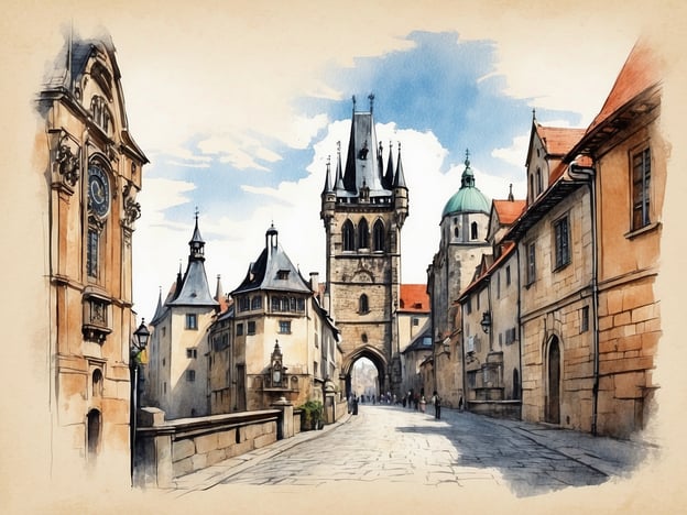 Auf dem Bild ist eine malerische Straße mit historischen Gebäuden zu sehen, die an die Geschichte von Prag erinnert. Die Architektur spiegelt den Einfluss verschiedener Epochen wider, darunter Gotik und Barock.Der Turm in der Mitte könnte ein Teil der Altstadt sein, vielleicht der berühmte Pulverturm oder ein anderer geschichtsträchtiger Bau. Die Gleithänge und die Details der Fassaden weisen auf das reiche Erbe der Stadt hin, die seit dem Mittelalter ein kulturelles Zentrum in Mitteleuropa ist. Prag war bekannt für ihre beeindruckenden Brücken, Plätze und Kirchen, die alle Teil ihrer faszinierenden Geschichte sind.