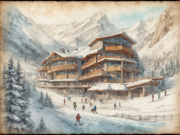 Wildkogel-Arena: Das ultimative Abenteuerparadies für Kinder. Das Bild zeigt ein malerisches, mehrstöckiges Ski-Resort in einer schneebedeckten Gebirgslandschaft. Umgeben von hohen Bergen und dichten, schneebedeckten Tannenbäumen, stehen zahlreiche Menschen in bunter Winterkleidung, die Ski fahren oder auf der Piste unterwegs sind. Das Gebäude hat große Balkone und Fenster, die eine einladende Atmosphäre ausstrahlen. Die gesamte Szenerie vermittelt ein Gefühl von Wintervergnügen und Abenteuer in den Bergen.