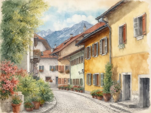 Das Bild zeigt eine malerische, schmale Straße in einem charmanten Dorf. Auf der linken Seite sind Häuser mit blühenden Pflanzen auf Fenstersimsen und eine kleine Treppe, die zu einem Balkon führt. Die Fassaden der Gebäude sind in sanften Farben gehalten, darunter Gelb und mehrere braune Schattierungen. Auf der rechten Seite sind weitere Wohnhäuser zu sehen, ebenfalls mit Fensterläden und Blumenkästen. Am Ende der Straße ist eine kleine Tür zu erkennen. Der Hintergrund wird von majestätischen Bergen geprägt, die unter einem klaren Himmel mit wenigen Wolken sichtbar sind. Die Atmosphäre ist ruhig und einladend, perfekt für einen ländlichen Spaziergang.
