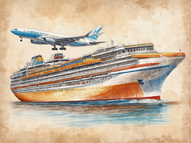Ein großes Kreuzfahrtschiff fährt sanft auf dem Wasser, während darüber ein Passagierflugzeug in den Himmel fliegt. Das Schiff hat eine auffällige orange und blaue Farbgebung sowie mehrere Decks. Im Hintergrund ist ein hellbeiger, leicht texturierter Himmel zu sehen, was dem Bild eine nostalgische Atmosphäre verleiht.