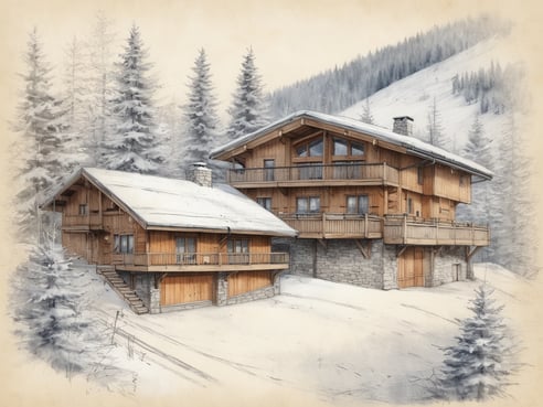 Zwei luxuriöse Chalets stehen in einer verschneiten Alpenszenerie. Die Gebäude sind aus Holz und Stein gebaut und verfügen über große Fenster und Balkone, die zum Entspannen einladen. Umgeben von hohen, schneebedeckten Tannenbäumen vermitteln die Häuser ein Gefühl von Geborgenheit und Exklusivität. Die Szenerie strahlt Ruhe und einen Hauch von Luxus aus, ideal für Skiliebhaber, die Nähe zu den Pisten suchen.