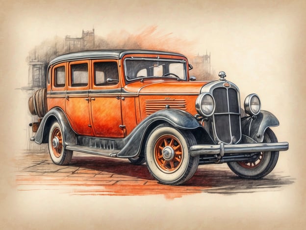 Auf dem Bild ist ein historisches Auto zu sehen, das in einem stilisierten, künstlerischen Stil dargestellt ist. Es hat eine auffällige orange Farbe mit schwarzen Details und erinnert an Fahrzeuge aus den 1920er oder 1930er Jahren.In der kulturellen Szene Prags könnte dieses Auto symbolisch für die faszinierende Vergangenheit der Stadt stehen, die mit Automobilgeschichte und klassischem Design verbunden ist. Es könnte Assoziationen zu den zahlreichen Straßen und Plätzen Prags wecken, auf denen früher solche Fahrzeuge fuhren, und die altehrwürdige Atmosphäre der Stadt einfangen. Der Anblick könnte auch Erinnerungen an nostalgische Stadtführungen oder Filme wecken, die in dieser malerischen Kulisse spielen.
