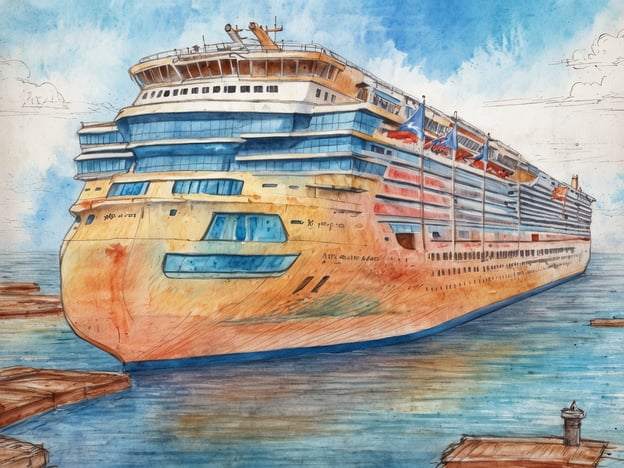 Das Bild zeigt ein farbenfrohes Aquarell des Kreuzfahrtschiffes AIDAstella, das im Wasser liegt. Die Schiffsbauch ist gelb-orange mit blauen Fenstern und zahlreichen Nationalflaggen, die im Wind wehen. Im Hintergrund ist ein klarer blauer Himmel mit einigen Wolken erkennbar. Am Ufer sind Holzplanken sichtbar, die den Eindruck eines Anlegestellen vermitteln. Die Szene strahlt eine maritime Atmosphäre aus und vermittelt das Gefühl von Abenteuer und Reise.
