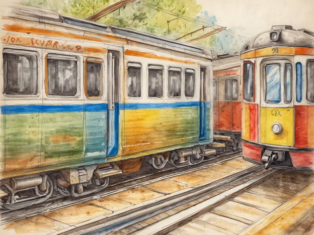 Eine farbenfrohe Aquarellzeichnung von zwei Zügen an einem Bahnsteig. Der linksseitige Zug zeigt grüne, blaue, orange und gelbe Farbnuancen, während der rechtsseitige Zug kräftige Rottöne mit einem gelben Detail aufweist. Die Eisenbahnschienen sind deutlich sichtbar, ebenso wie einige Bäume im Hintergrund, die eine entspannte Atmosphäre schaffen.