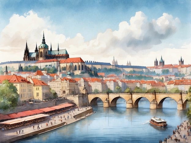 Auf dem Bild ist eine malerische Ansicht von Prag zu sehen, mit der beeindruckenden Prager Burg im Hintergrund. Der Vltava-Fluss fließt vor der Stadt, und eine Brücke verbindet die beiden Ufer. An den Ufern sieht man lebhafte Bereiche mit Menschen, die flanieren, sowie Restaurants mit roten Markisen, die zum Verweilen und Genießen einladen.Kulinarisch hat Prag viel zu bieten, darunter traditionelle Gerichte wie Gulasch und Knödel, sowie süße Leckereien wie Trdelník. In den Restaurants entlang des Flusses könnte man die lokale tschechische Küche bei einer schönen Aussicht genießen.