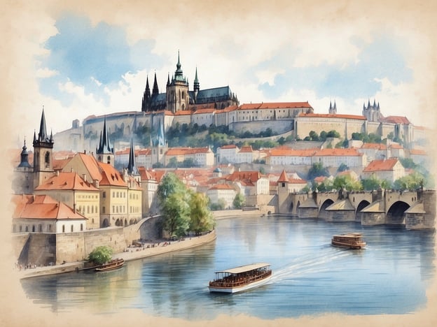 Auf dem Bild ist eine malerische Aussicht auf Prag zu sehen, insbesondere auf die Prager Burg, die majestätisch über der Stadt thront. In der Umgebung gibt es die Moldau mit Booten, die auf dem Wasser fahren.Aktivitäten in und um Prag könnten folgendes umfassen:1. **Bootstour auf der Moldau**: Eine entspannende Art, die Stadt vom Wasser aus zu entdecken.2. **Besuch der Prager Burg**: Eine der größten Burgen der Welt, die historische Architektur und wunderschöne Gärten bietet.3. **Spaziergang über die Karlsbrücke**: Eine ikonische Brücke mit Statuen und beeindruckendem Blick auf die Stadt.4. **Erkundung der Altstadt**: Mit der Astronomischen Uhr und dem lebhaften Marktplatz gibt es viel zu sehen.5. **Genießen der tschechischen Küche**: In den zahlreichen Restaurants und Kneipen kann man traditionelle Gerichte probieren.Prag ist reich an Geschichte und Kultur, und das Bild fängt die Schönheit der Stadt wunderbar ein.