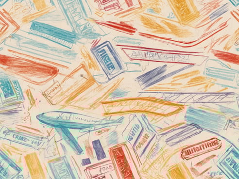 Eine farbenfrohe Collage aus handgezeichneten Skizzen von Flugzeugen und Ticketmotiven. Die Zeichnungen sind in verschiedenen Farben wie Blau, Rot, Orange und Gelb gehalten und zeigen eine Vielzahl an Flugzeugformen sowie stilisierten Tickets und Bordkarten. Der Hintergrund ist hell und sorgt dafür, dass die bunten Elemente gut zur Geltung kommen. Die Anordnung der Zeichnungen wirkt dynamisch und vielfältig.