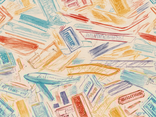 Eine farbenfrohe Collage aus handgezeichneten Skizzen von Flugzeugen und Ticketmotiven. Die Zeichnungen sind in verschiedenen Farben wie Blau, Rot, Orange und Gelb gehalten und zeigen eine Vielzahl an Flugzeugformen sowie stilisierten Tickets und Bordkarten. Der Hintergrund ist hell und sorgt dafür, dass die bunten Elemente gut zur Geltung kommen. Die Anordnung der Zeichnungen wirkt dynamisch und vielfältig.