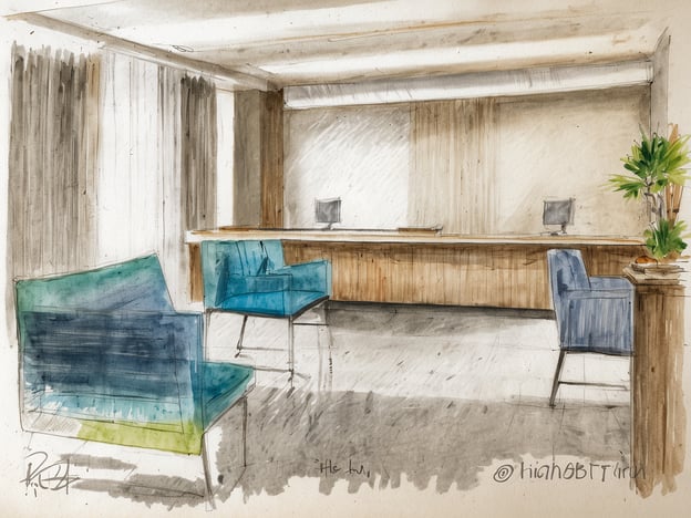 Eine künstlerische Skizze eines Empfangsbereichs eines Hotels. Im Vordergrund befinden sich zwei moderne, farbige Stühle in Blau und Grün, die auf einem hellen Fußboden stehen. Der Empfangstresen ist aus Holz und schmiegt sich an eine Wand, hinter der sich ein Computer befindet. Ein Pflanzenarrangement in der Ecke fügt einen Hauch von Farbe hinzu. Die Wände sind mit hellen Vorhängen geschmückt und bieten eine freundliche Atmosphäre.