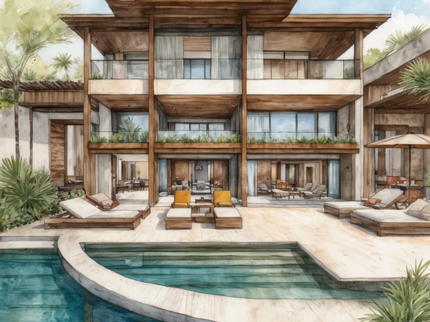 Elegantes, mehrstöckiges Gebäude mit Holzverkleidung und großen Fenstern, umgeben von grüner Vegetation. Die Terrasse ist mit Liegen und modernen Möbeln ausgestattet, während ein Pool mit geschwungener Form in der Nähe zu sehen ist. Der Gesamtanblick vermittelt ein Gefühl von Luxus und Entspannung, ideal für ein exklusives Resort.