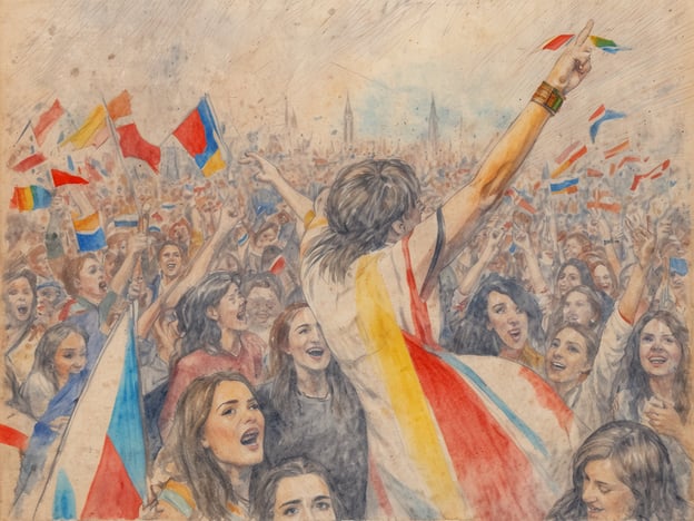 Eine große Menschenmenge feiert begeistert während eines Festivals. Viele Personen halten Flaggen verschiedener Länder in der Luft und strahlen Freude aus. Eine zentrale Figur zeigt nach oben, während sie mit einer Flagge von einem anderen Teilnehmer umgeben ist. Die Gesichter der Menschen sind voller Begeisterung und Emotionen, was die festliche Atmosphäre unterstreicht. Die Szene vermittelt ein Gefühl von Gemeinschaft und Zusammengehörigkeit während des Eurovision-Fiebers in Manchester beim MancHagen Festival im April.