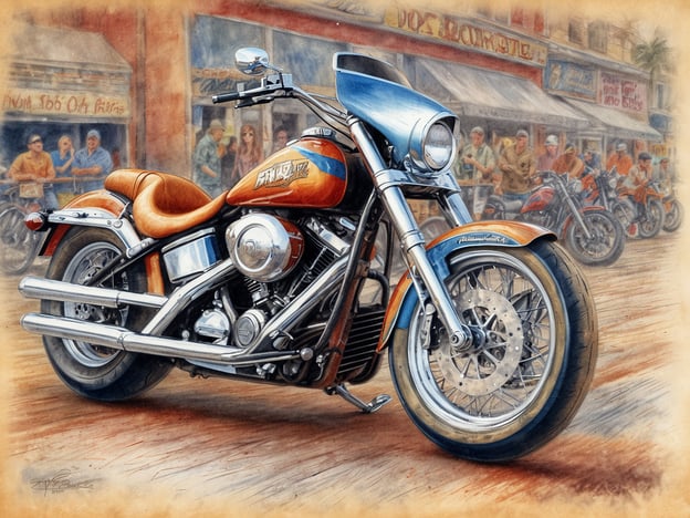 Ein hochwertiges Kunstwerk zeigt eine orangefarbene Motorradmaschine im Vordergrund, die mit Chromdetails verziert ist. Das Motorrad hat eine sportliche Erscheinung und strahlt Motorradkultur und Freiheit aus. Im Hintergrund ist eine belebte Straße von Daytona Beach zu sehen, auf der zahlreiche Menschen in lässiger Kleidung und weitere Motorräder zu sehen sind. Die Atmosphäre vermittelt ein Gefühl von Adrenalin und Gemeinschaft unter Motorradfahrern, perfekt für die Daytona Beach Bike Week.