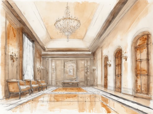 Das Bild zeigt eine stilvolle Innenarchitektur mit einem eleganten Kronleuchter, hohen Wänden in sanften Erdtönen und Holzverkleidungen. Auf der linken Seite stehen gemütliche, klassisch gestaltete Sessel, während ein opulenter Tisch in der Mitte des Raumes platziert ist. Die Fenster sind mit feinen Vorhängen geschmückt, und an den Wänden befinden sich kunstvolle Wandlampen. Der Boden ist glänzend und reflektiert das Licht, was dem Raum eine einladende und luxuriöse Atmosphäre verleiht. Diese Gestaltung verkörpert die Verbindung von Luxus und Nachhaltigkeit des neuen Wellness-Angebots von Jumeirah und GROUND Wellbeing.