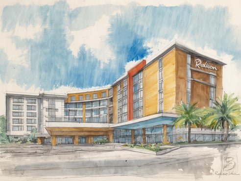 Eine künstlerische Darstellung eines Radisson Hotels mit moderner Architektur. Das Gebäude hat eine Kombination aus hellen Farben, darunter orange und beige, und große Fenster, die viel Licht hereinlassen. Palmen flankieren den Eingangsbereich, der über eine Überdachung verfügt. Im Hintergrund sind weitere Geschosse sichtbar, die eine harmonische Einheit mit dem Hauptgebäude bilden. Der Himmel ist teilweise bewölkt, was der Szene eine einladende Atmosphäre verleiht.
