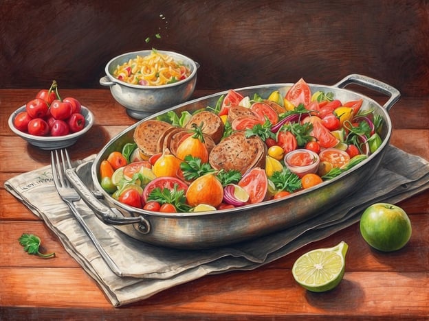 Auf dem Bild ist eine bunte, appetitlich angerichtete Salatplatte zu sehen. Die Kombination aus frischen Tomaten, verschiedenen Gemüsesorten und herzhaften Brotscheiben sorgt für einen einladenden Anblick. Dazu gibt es eine kleine Schüssel mit Pasta und eine Schale mit Kirschen.Wenn du Amsterdam als kulinarisches Reiseziel erkundest, solltest du unbedingt die vielfältige Gastronomie der Stadt probieren. Von frischen Marktständen mit lokalem Gemüse, über traditionelle holländische Gerichte bis hin zu internationalen Einflüssen bietet die Stadt ein breites Spektrum an Geschmäckern. Ein Besuch in einem der vielen Restaurants oder Food-Märkte ist unbedingt empfehlenswert, um solche köstlichen Gerichte wie auf dem Bild zu genießen!