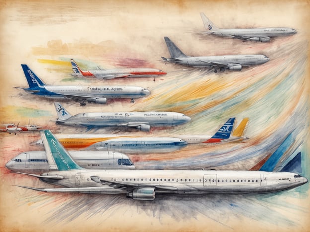 Das Bild zeigt eine künstlerische Darstellung mehrerer Flugzeuge, die in verschiedenen Flugpositionen angeordnet sind. Diverse Flugzeugtypen sind zu sehen, darunter Verkehrsflugzeuge mit unterschiedlichen Designs und Farben, die typische Merkmale der Luftfahrtindustrie repräsentieren. Der Hintergrund ist in sanften, bunten Wellen und Farbverläufen gestaltet, die Bewegung und Dynamik ausstrahlen. Die Komposition vermittelt ein Gefühl von Aktivität und den Herausforderungen in der Luftfahrt im Jahr 2024, was auf das Rekordhoch der Flugreisen anspielt.