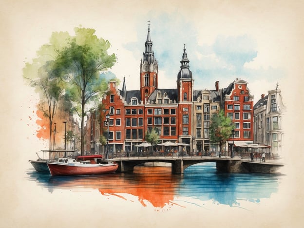Auf dem Bild ist eine malerische Ansicht eines typisch niederländischen Kanals in Amsterdam zu sehen, umgeben von historischen Geb buildings. Die Brücke und die Boote im Wasser verleihen der Szene Charme.In Bezug auf Nachhaltigkeit und Umweltbewusstsein ist Amsterdam bekannt für seine Bemühungen um umweltfreundliche Mobilität, da viele Bewohner Fahrräder nutzen. Die Stadt fördert auch Grünflächen und sorgt dafür, dass die Wasserqualität der Kanäle hoch bleibt. Zudem gibt es Initiativen zur Reduzierung von CO2-Emissionen und zur Förderung erneuerbarer Energien, die das Umweltbewusstsein der Stadt unterstreichen.