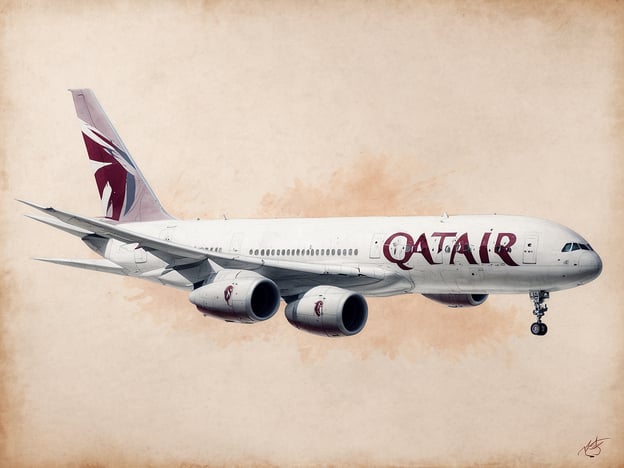 Ein Flugzeug von Qatar Airways, das in der Luft schwebt, ist auf einem beige-gefärbten Hintergrund abgebildet. Die Flugzeugoberfläche trägt das Logo von Qatar Airways. Im Hintergrund ist eine sanfte, unscharfe Farbe, die den Fokus auf das Flugzeug lenkt. Das Bild symbolisiert die Verlängerung der Partnerschaft zwischen Qatar Airways und PSG bis 2028.