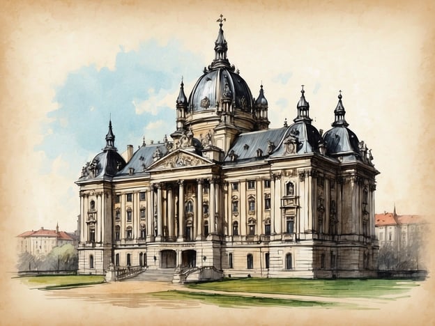 Das Bild zeigt ein beeindruckendes Gebäude im Barockstil, das an die prächtigen Palais und Residenzen erinnert, die in der Geschichte Wiens errichtet wurden. In Wien finden sich zahlreiche Beispiele für barocke Architektur, insbesondere aus der Zeit der Habsburger, die die Stadt im 17. und 18. Jahrhundert prägten.Das dargestellte Gebäude könnte symbolisch für die kunstvolle Gestaltung und den Reichtum der Kultur in Wien stehen, die viele Künstler, Architekten und Denker angezogen hat. Die prachtvollen Dächer, Säulen und Skulpturen sind typische Merkmale des Barock, der die Prunkentfaltung der damaligen Zeit widerspiegelt. Solche Bauten sind oft verbunden mit der Geschichte der Monarchie und spiegeln den Einfluss der Habsburger auf die Architektur und die Gesellschaft Wiens wider.Die Geschichte Wiens ist reich an solchen monumentalen Bauwerken, die sowohl für die Geschichte der Stadt als auch für die kulturelle Identität von großer Bedeutung sind.
