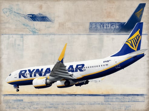 Ein Ryanair Flugzeug fliegt durch den Himmel, dargestellt in einem künstlerischen Stil mit Aquarell- und Skizzen-Elementen im Hintergrund. Die Farben sind vorwiegend Blau und Gelb, passend zur Ryanair Markenidentität. Das Flugzeug ist seitlich sichtbar, wobei die Schriftzüge und das charakteristische Design deutlich zu erkennen sind. Im Hintergrund sind schemenhafte Zeichnungen von Flugzeugen sowie technische Skizzen zu sehen.