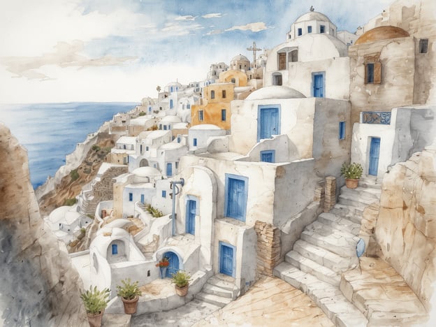 Eine malerische Ansicht von Santorini zeigt weiße Häuser mit blauen Türen und Fenstern, die steil am Hang gebaut sind. Die Küste ist sichtbar, mit dem tiefblauen Meer im Hintergrund. Einige Terrassen sind mit Töpfen und Pflanzen dekoriert. Die Gebäude haben runde und gewölbte Dächer, während die Treppen aus Stein nach oben führen. Der Himmel ist klar mit vereinzelten Wolken.