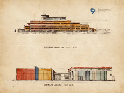 Auf dem Bild sind zwei architektonische Entwürfe zu sehen. Der obere Teil zeigt die Seitenansicht eines mehrstöckigen Gebäudes mit mehreren Fenstern und einer modernen Fassade in verschiedenen Farbnuancen, darunter Orange und Gelb. Der untere Teil des Bildes präsentiert einen schlichteren Entwurf eines kleineren Gebäudes mit einer klaren geometrischen Form und großen Glasflächen, die ebenfalls farbige Akzente aufweisen. Beide Entwürfe sind skizzenhaft dargestellt, auf einem beige Hintergrund, der ein nostalgisches Gefühl vermittelt.