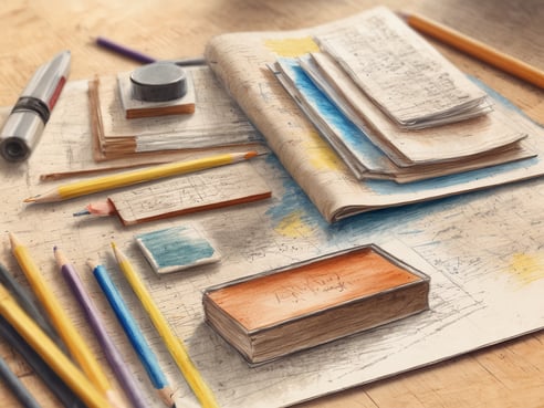 Auf dem Bild sind verschiedene Schreibmaterialien und Notizen auf einem Holztisch arrangiert. Zu sehen sind mehrere Stapel von Papier mit handschriftlichen Notizen und farbigen Skizzen. Neben den Notizen liegen farbige Bleistifte und ein Kugelschreiber, sowie ein Tintentopf. Die Komposition wirkt kreativ und einladend, ideal für Senioren, die während einer Workation Arbeit und Urlaub miteinander verbinden möchten.