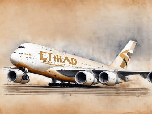 Ein Etihad Airways Airbus A380 hebt gerade ab, umgeben von einer staubigen Umgebung. Das Flugzeug hat die markante Lackierung in Weiß und Gold mit dem Schriftzug Etihad auf der Seite. Im Hintergrund sind sanfte, neutrale Farben zu sehen, die dem Bild eine künstlerische Note geben. Die großen Triebwerke und die charakteristische Form des Flugzeugs stehen im Mittelpunkt der Darstellung, was die Luxusatmosphäre der Airline unterstreicht.