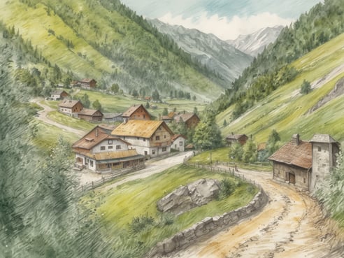 Ein malerisches Tal in der Hochsteiermark mit sanften, grünen Hügeln und schneebedeckten Bergen im Hintergrund. Im Vordergrund schlängelt sich ein Staubweg durch die Landschaft, gesäumt von traditionellen, rustikalen Bauernhäusern. Die Gebäude sind überwiegend aus Holz, einige mit Ziegeldächern, und stehen in kleinerem Abstand zueinander. Eine ruhige, idyllische Atmosphäre zieht sich durch die Szene, die das ländliche Leben in dieser beeindruckenden Region Österreichs widerspiegelt.