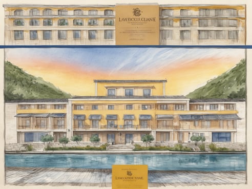 Eine künstlerische Darstellung eines luxuriösen Hotels, das von L’Occitane entworfen wurde. Im Vordergrund ist ein Pool zu sehen, umgeben von einer gepflegten Gartenlandschaft mit kleinen Bäumen. Die Fassade des Hotels ist in warmen Gelbtönen gehalten, mit großen Fenstern und überdachten Balkonen. Im Hintergrund sind sanfte Hügel und ein bewölkter Himmel in sanften Farben sichtbar. Die gesamte Szene strahlt ein Gefühl von Eleganz und Naturverbundenheit aus.