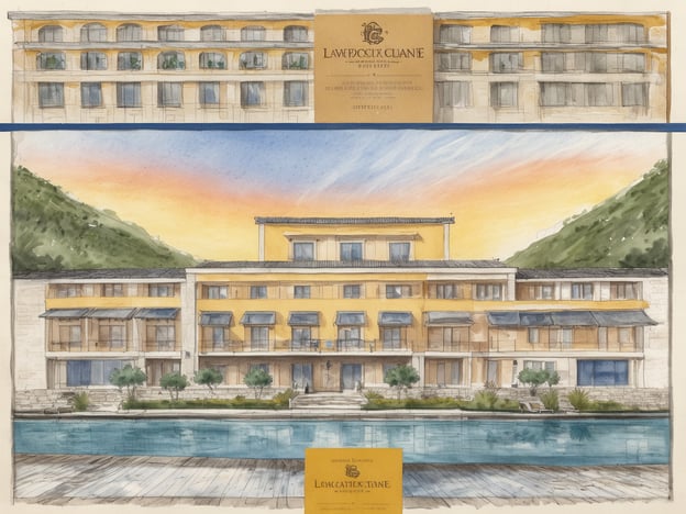 Eine künstlerische Darstellung eines luxuriösen Hotels, das von L’Occitane entworfen wurde. Im Vordergrund ist ein Pool zu sehen, umgeben von einer gepflegten Gartenlandschaft mit kleinen Bäumen. Die Fassade des Hotels ist in warmen Gelbtönen gehalten, mit großen Fenstern und überdachten Balkonen. Im Hintergrund sind sanfte Hügel und ein bewölkter Himmel in sanften Farben sichtbar. Die gesamte Szene strahlt ein Gefühl von Eleganz und Naturverbundenheit aus.