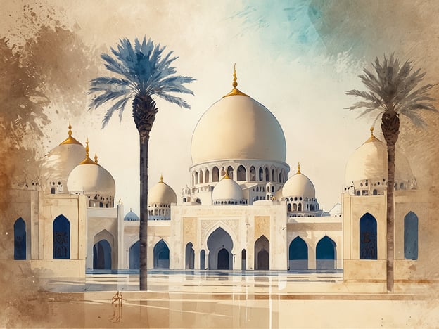 Eine beeindruckende Architektur mit mehreren großen weißen Kuppeln wird von hohen Palmen umgeben. Die Gebäude sind im arabischen Stil gestaltet und vermitteln ein Gefühl von Eleganz und Erhabenheit. Der Himmel ist sanft getönt und verleiht der Szene eine warme, einladende Atmosphäre. Diese Darstellung ist ein Beispiel für die kulturelle und architektonische Schönheit von Abu Dhabi, die 2026 als KI-Hauptstadt fungieren wird.