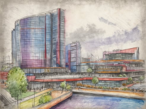 Das Bild zeigt eine künstlerische Skizze des nhow Frankfurt. Im Vordergrund ist ein moderner Gebäudekomplex mit verschiedenen farbigen Fassaden zu sehen. Rund um das Gebäude befinden sich Grünflächen und Bäume, die eine angenehme Atmosphäre schaffen. Das Wasser im Vordergrund reflektiert die Architektur des Gebäudes. Über dem Gebäude ziehen einige Wolken am Himmel vorbei und verleihen der Szene eine dynamische Note.