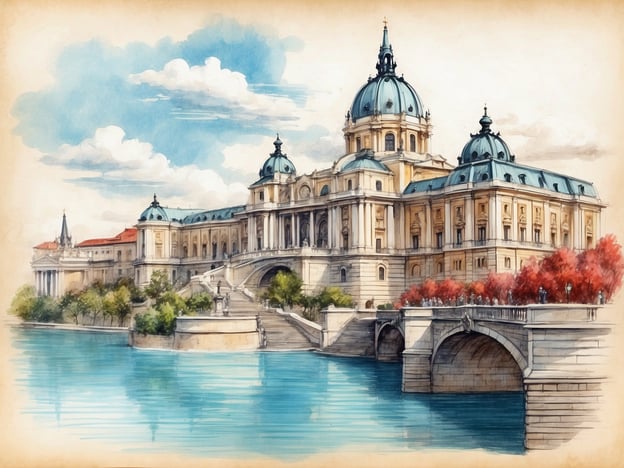 Auf dem Bild ist eine malerische Ansicht eines Schlosses oder einer prächtigen Architektur am Wasser zu sehen, umgeben von Bäumen und mit einer wunderschönen Brücke, die den Zugang zur Gebäudeanordnung ermöglicht. Diese Szene erinnert an die Geschichte von Budapest, wo das beeindruckende Budaer Schloss, das auf dem Hügel thront, das historische Zentrum der Stadt prägt.Das Budaer Schloss, das im Laufe der Jahrhunderte viele Umgestaltungen durchlief, war einst die Residenz der ungarischen Könige. Es symbolisiert die reiche Geschichte Budapests und ist ein bedeutendes Wahrzeichen. Die Architektur des Schlosses spiegelt verschiedene Stile wider, von der Romanik bis zur Barockzeit, und ist umgeben von Gärten, die oft zur Erholung und für Veranstaltungen genutzt werden.Die Wasseroberfläche im Bild könnte die Donau darstellen, die die Stadt in zwei Teile teilt – Buda und Pest, die im Jahr 1873 zur heutigen Hauptstadt vereinigt wurden. Diese kulturelle und historische Verbindung wird häufig durch die lebendige Atmosphäre und die beeindruckenden Bauten verkörpert, die die Geschichte und die Einflüsse verschiedener Epochen in Budapest dokumentieren.
